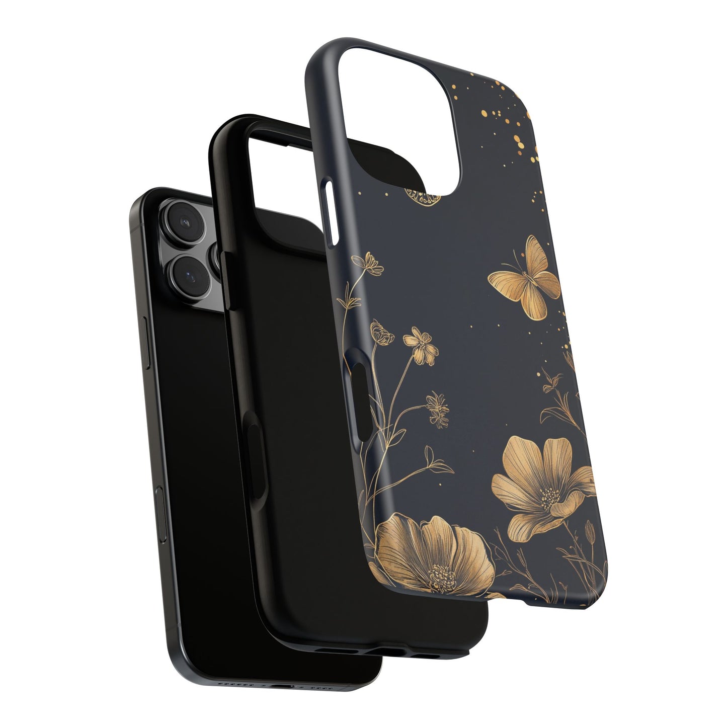 Gold Floral Butterfly Phone Case, Dark Aesthetic Botanical, Elegant Black Luxury iPhone Samsung Cover