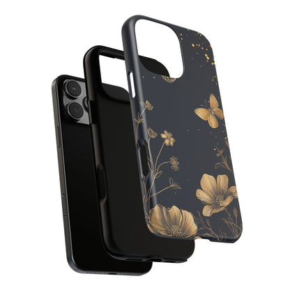 Gold Floral Butterfly Phone Case, Dark Aesthetic Botanical, Elegant Black Luxury iPhone Samsung Cover