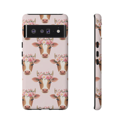 Floral Cow Phone Case – Cute Pink Cow Print Tough Protective Case for Iphone, Samsung Galaxy and Pixel