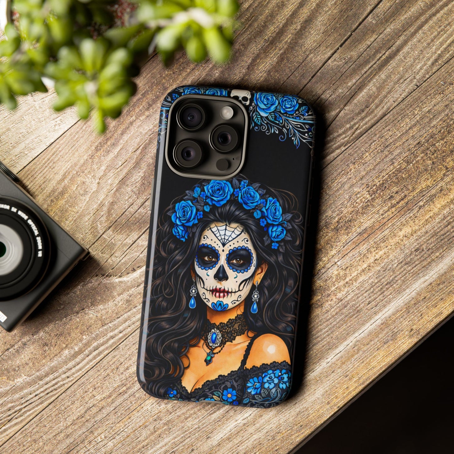 Blue Sugar Skull Woman Phone Case – Day of the Dead Aesthetic Tough Cover