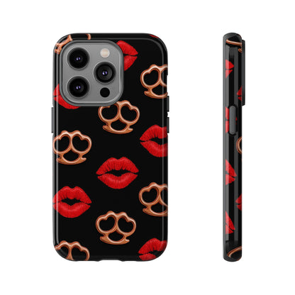 Red Lipstick & Knuckle Duster Phone Case | Bold Kiss Print Tough Protective Cover for Iphone, Samsung Galaxy and Pixel