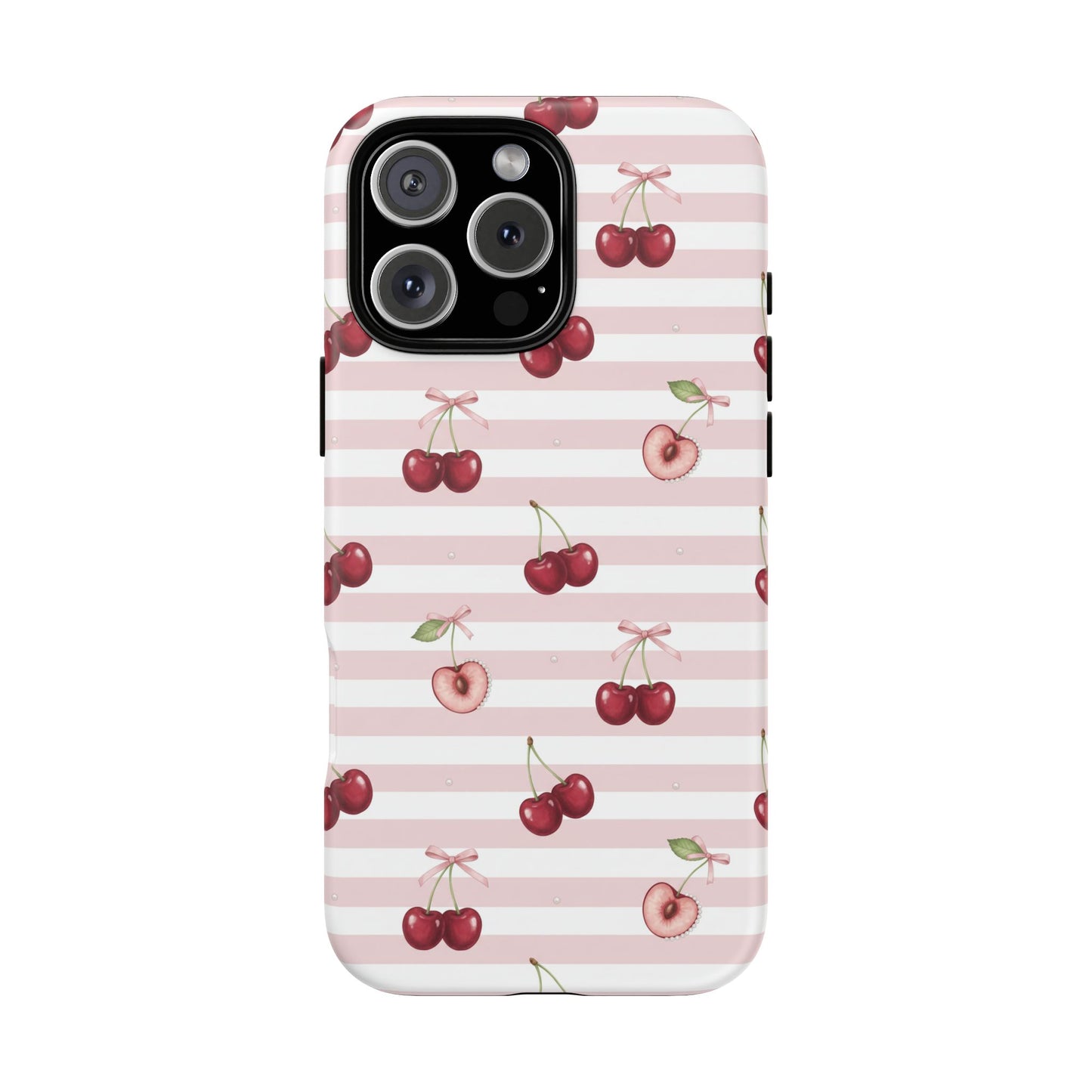 Pink Cherry Stripe Phone Case | Cute Coquette Aesthetic Protective Tough Case