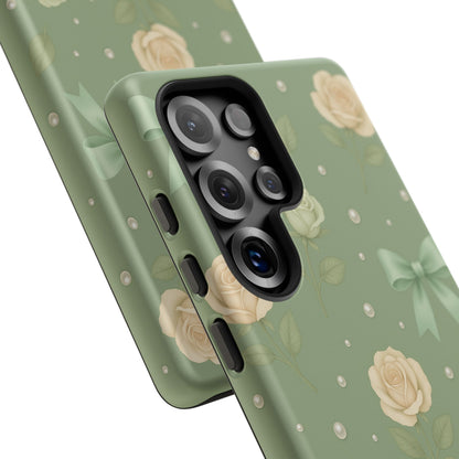 Vintage Rose Bow Phone Case – Sage Green Floral Coquette Aesthetic Tough Case (iPhone, Samsung, Pixel)