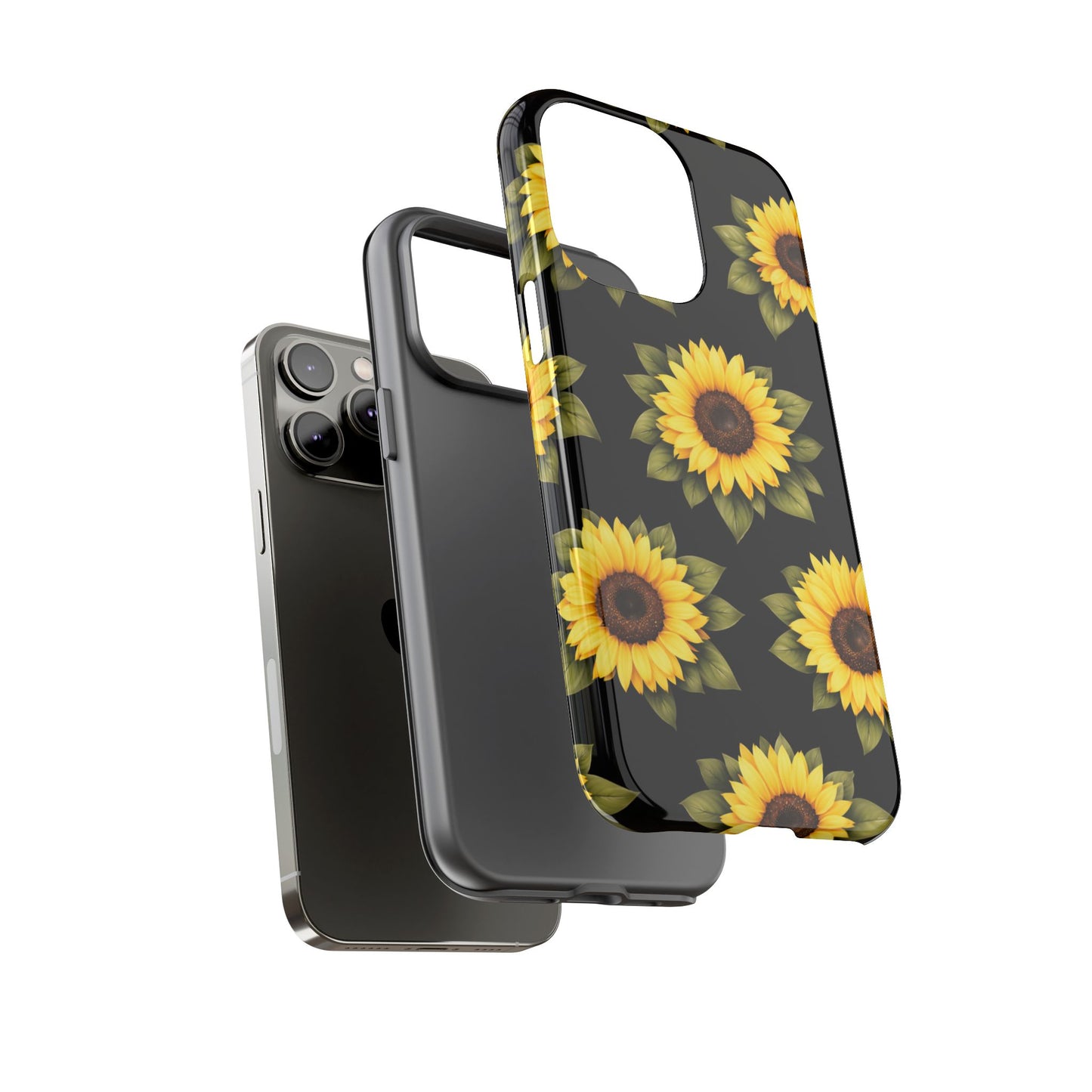 Sunflower Floral Tough Phone Case – Black Background Protective Cover for Iphone, Samsung Galaxy and Pixel