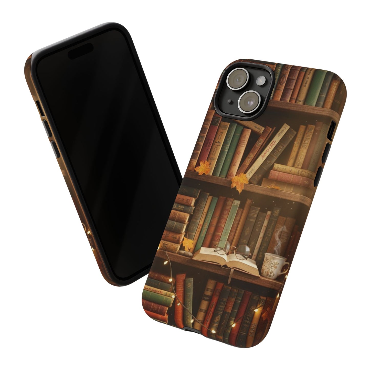 Cozy Vintage Bookshelf Phone Case, Library Aesthetic Book Stack, Autumn Coffee Vibes (iPhone, Samsung, Pixel)