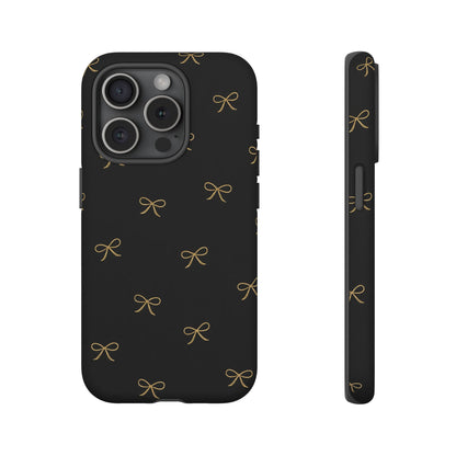 Black Phone Case with Gold Bow Pattern – Slim Protective Cute Aesthetic Cover for Iphone, Samsung Galaxy and Pixel