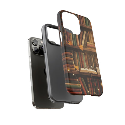 Cozy Vintage Bookshelf Phone Case, Library Aesthetic Book Stack, Autumn Coffee Vibes (iPhone, Samsung, Pixel)