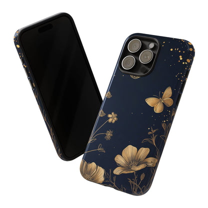 Gold Floral Butterfly Phone Case, Dark Aesthetic Botanical, Elegant Black Luxury iPhone Samsung Cover