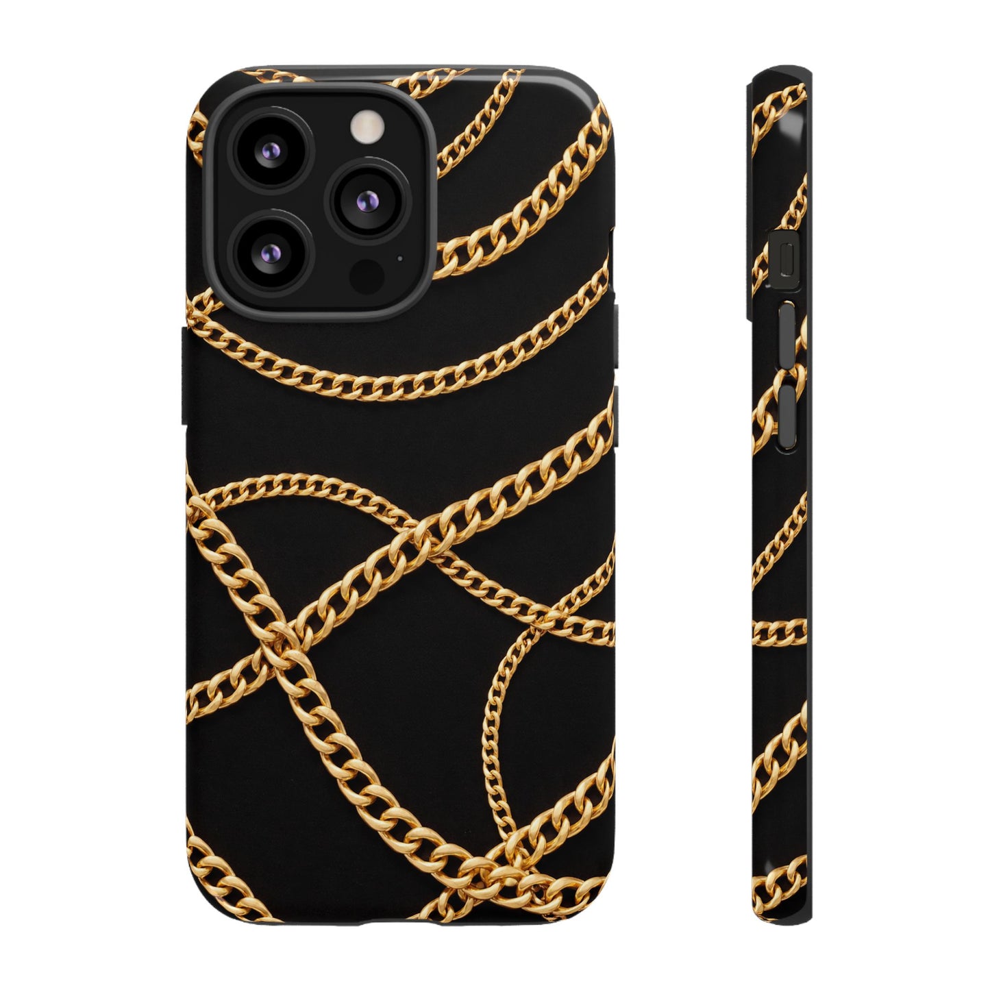 Luxury Gold Chain Phone Case – Black Designer Style Tough Protective Cover for Iphone, Samsung Galaxy and Pixel