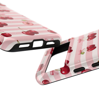 Coquette Cherry Bow Phone Case | Cute Pink Aesthetic Cherry Pattern Tough Case for iPhone & Samsung