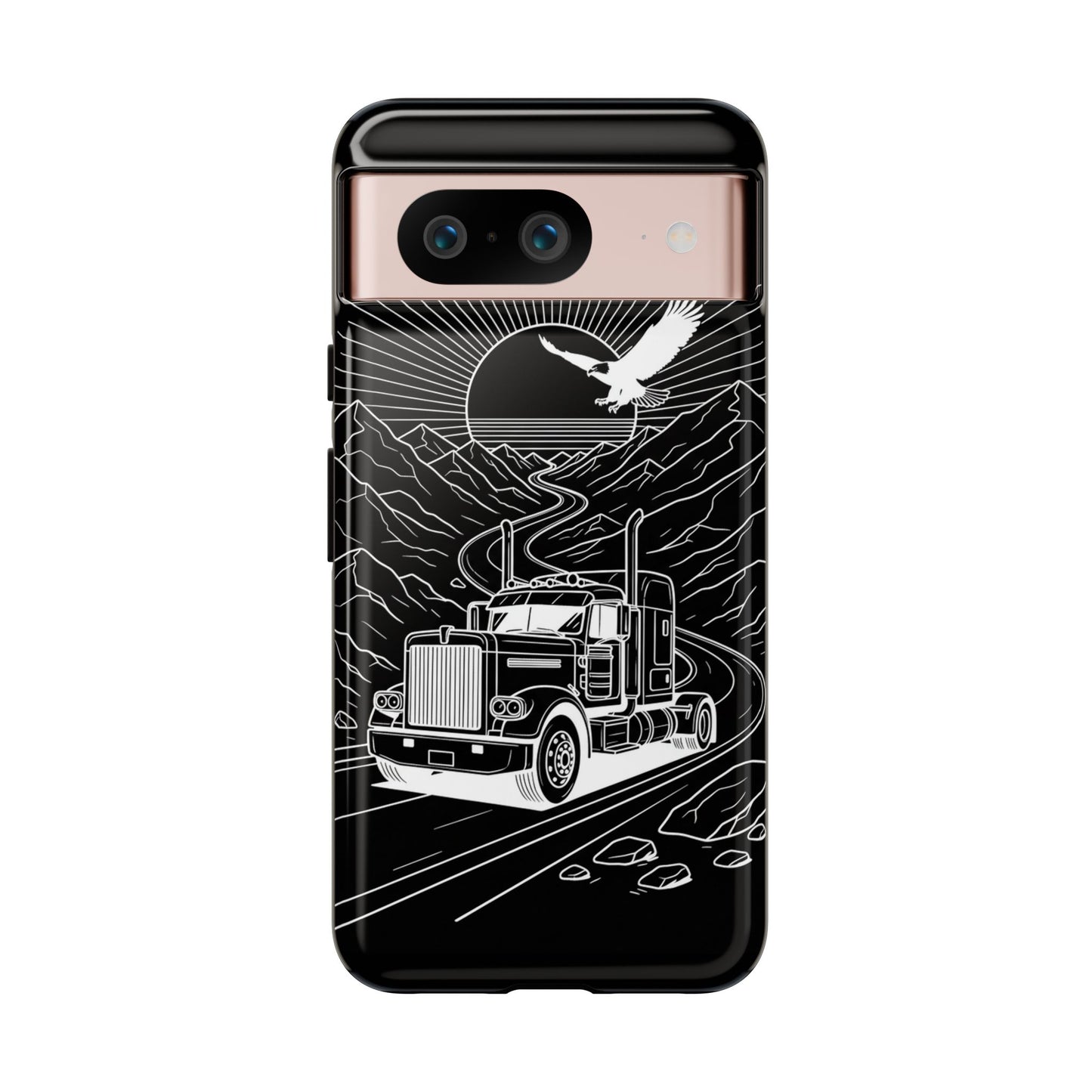 Trucker Highway Phone Case | Eagle & Mountain Line Art | Black Western Tough Case