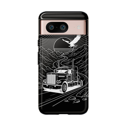 Trucker Highway Phone Case | Eagle & Mountain Line Art | Black Western Tough Case