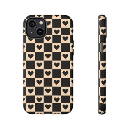 Checkerboard Heart Phone Case – Black & Beige Cute Aesthetic Protective Cover for Iphone, Samsung Galaxy and Pixel