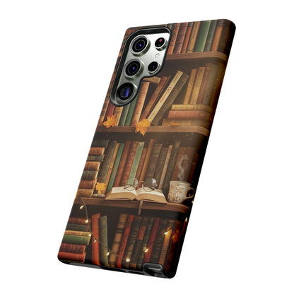 Cozy Vintage Bookshelf Phone Case, Library Aesthetic Book Stack, Autumn Coffee Vibes (iPhone, Samsung, Pixel)