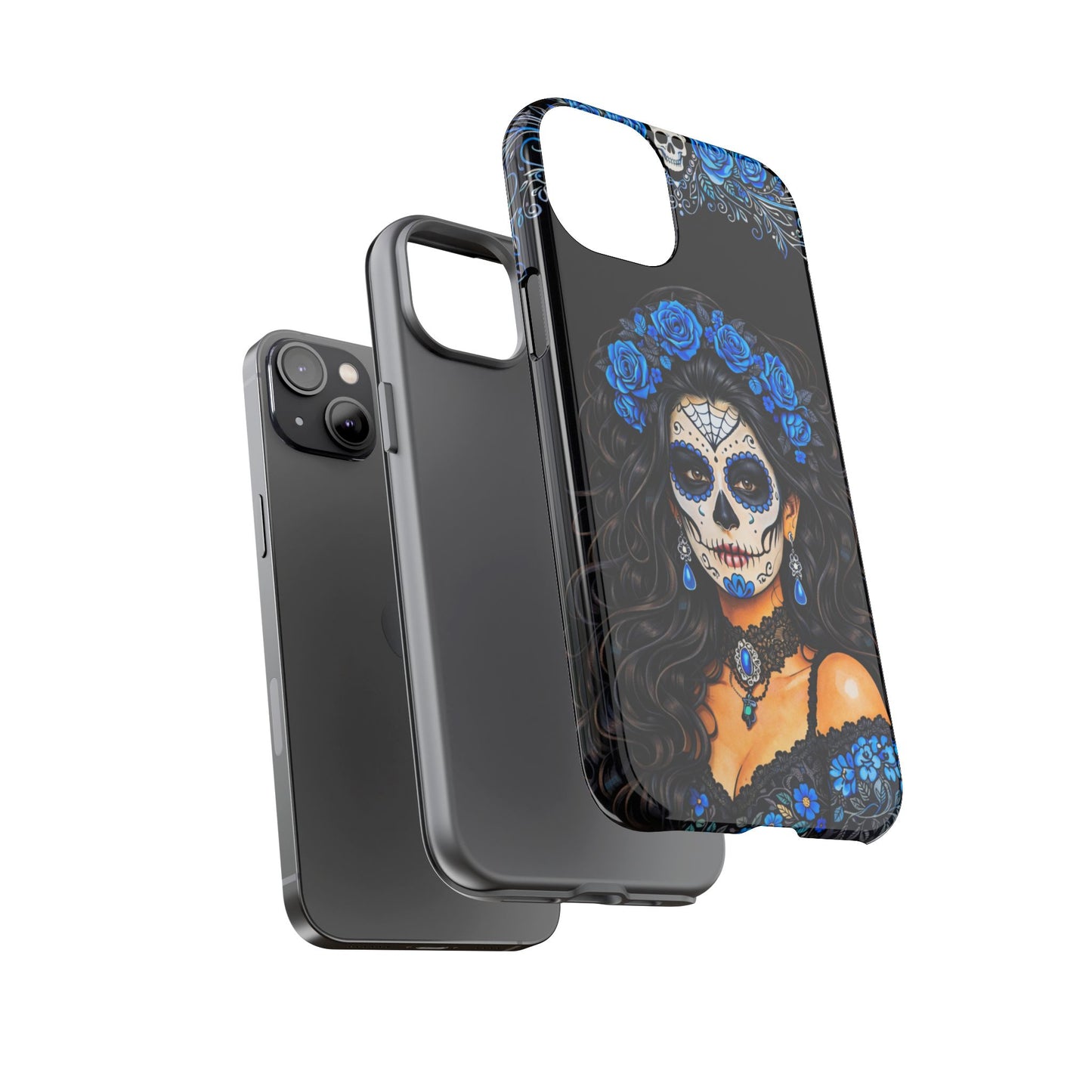 Blue Sugar Skull Woman Phone Case – Day of the Dead Aesthetic Tough Cover