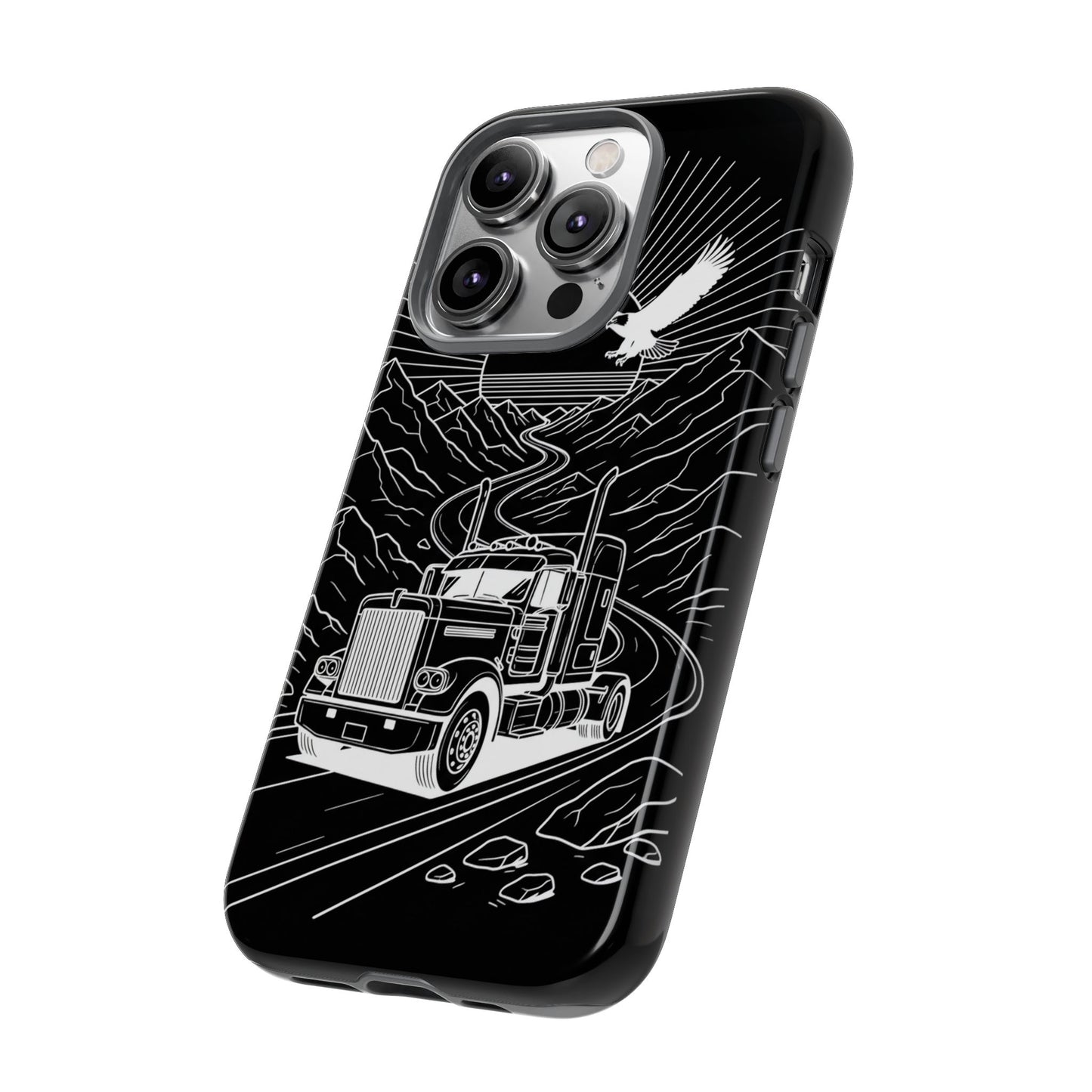 Trucker Highway Phone Case | Eagle & Mountain Line Art | Black Western Tough Case