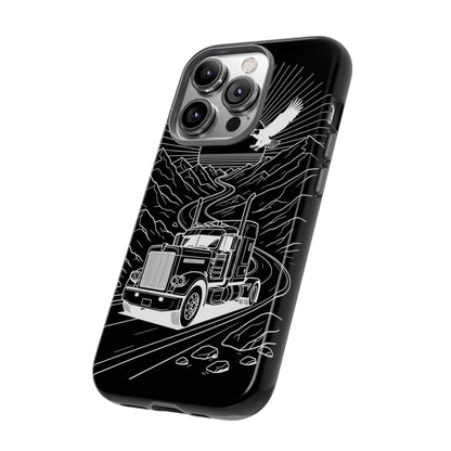 Trucker Highway Phone Case | Eagle & Mountain Line Art | Black Western Tough Case
