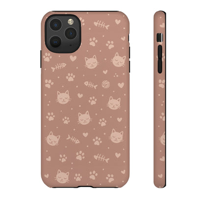 Cute Cat Pattern Phone Case | Paw Prints, Fishbone & Yarn Design Tough Case