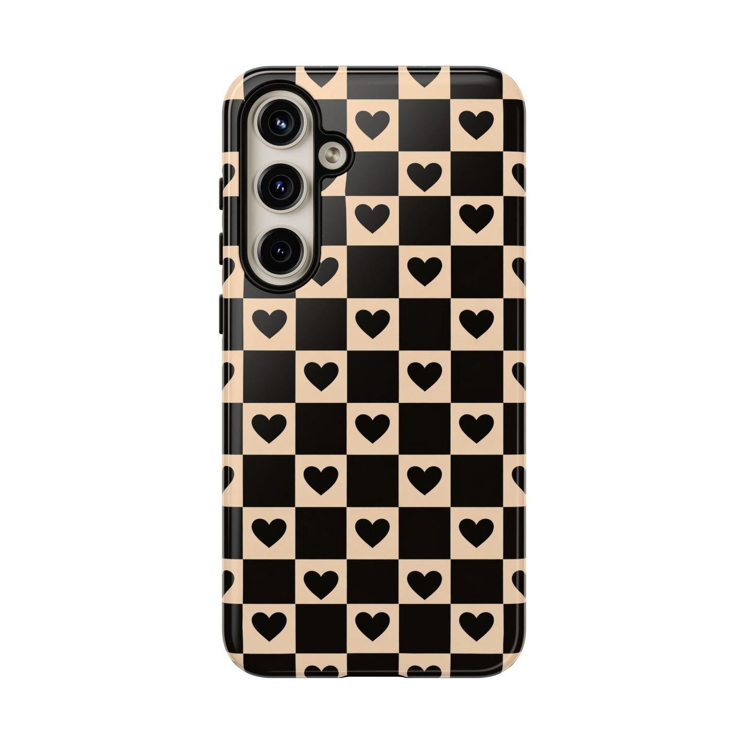 Checkerboard Heart Phone Case – Black & Beige Cute Aesthetic Protective Cover for Iphone, Samsung Galaxy and Pixel
