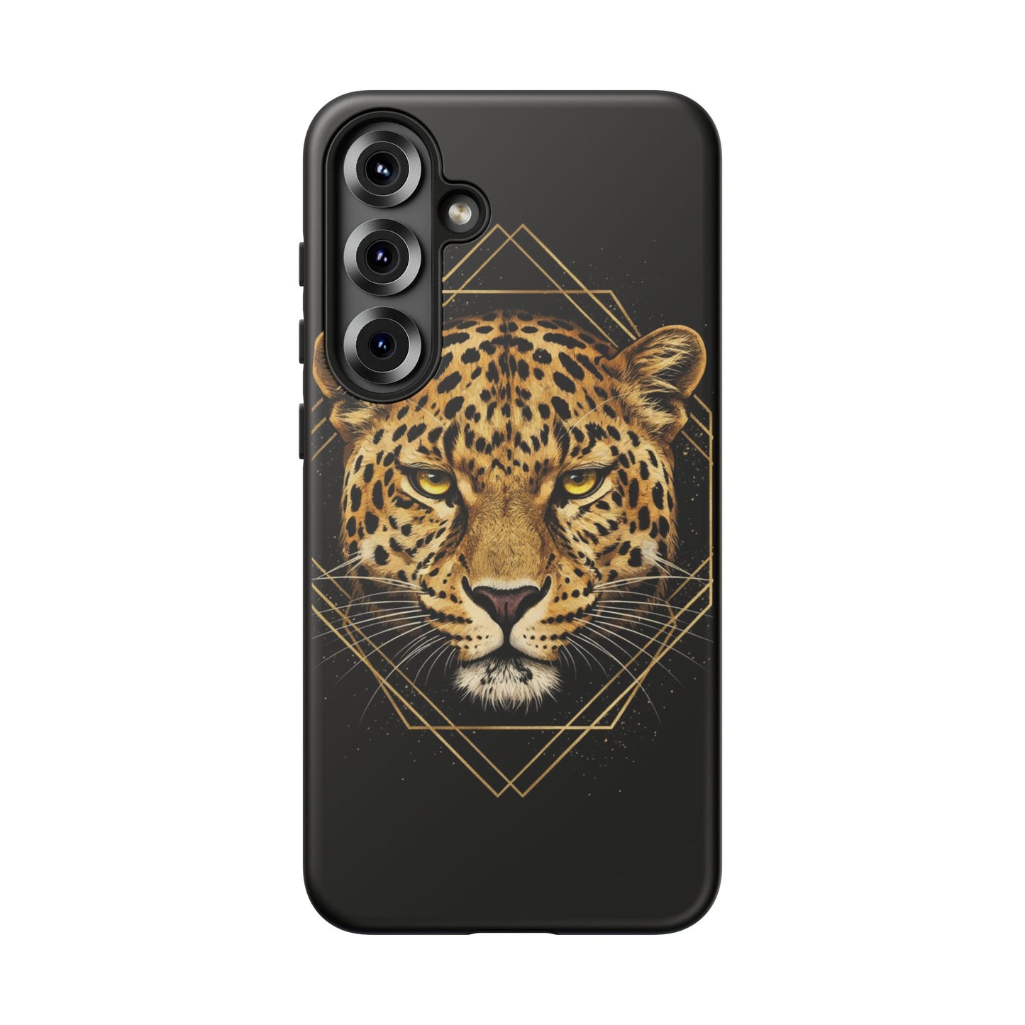 Leopard Head Geometric Phone Case – Black & Gold Luxe Tough Case