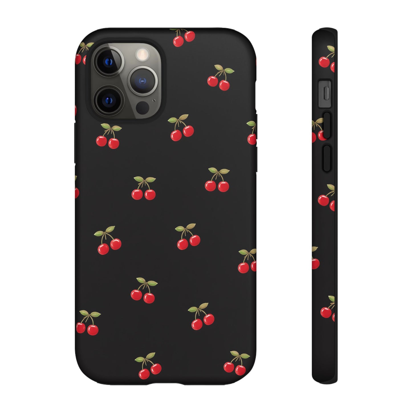 Cherry Pattern Phone Case — Slim Black Protective iPhone Case with Red Cherries for Iphone, Samsung Galaxy and Pixel