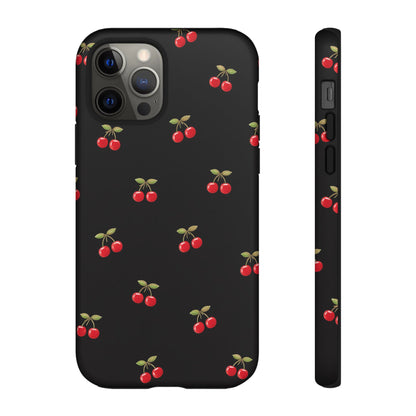 Cherry Pattern Phone Case — Slim Black Protective iPhone Case with Red Cherries for Iphone, Samsung Galaxy and Pixel