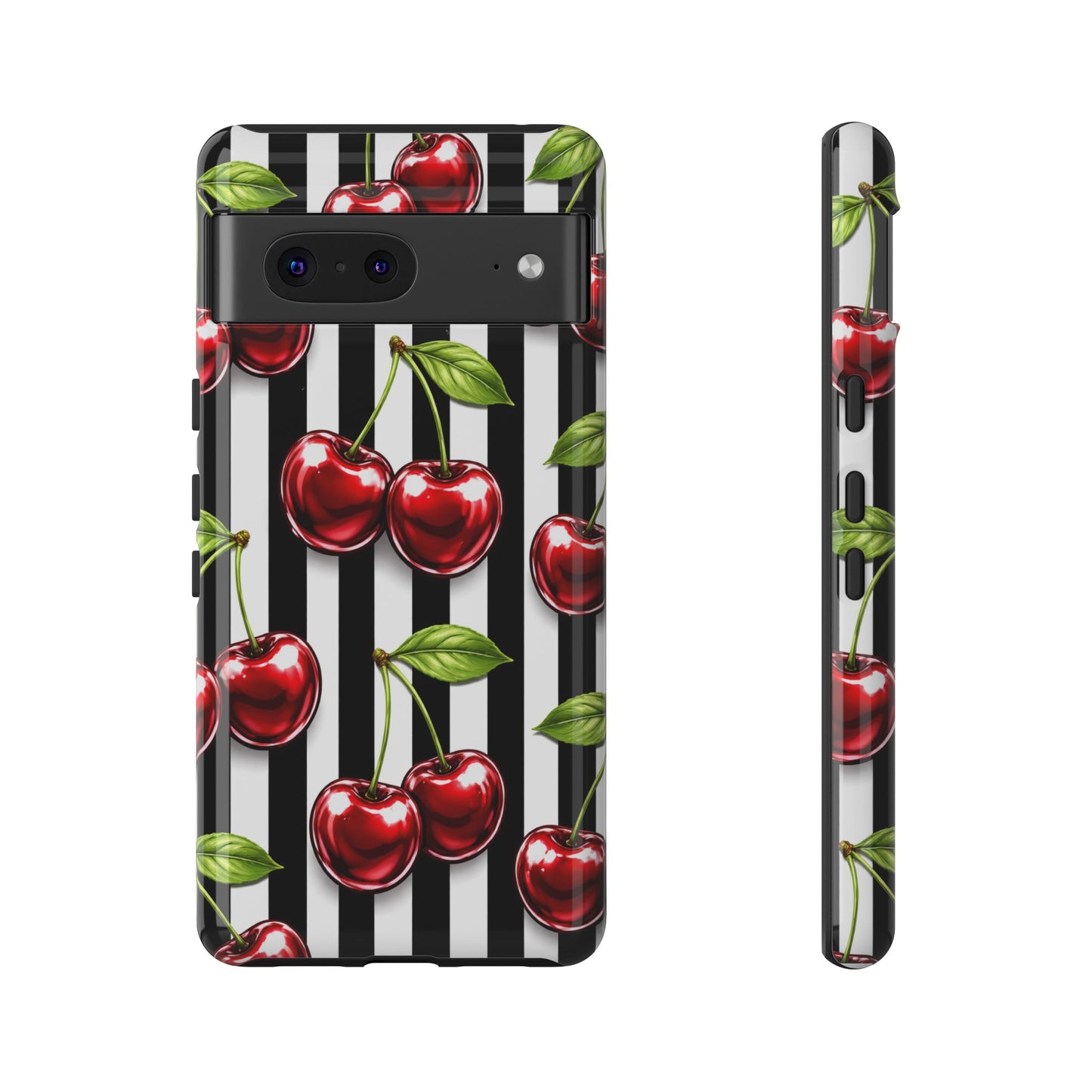 Cherry Pattern Phone Case Black White Stripe Retro Aesthetic Tough Cover