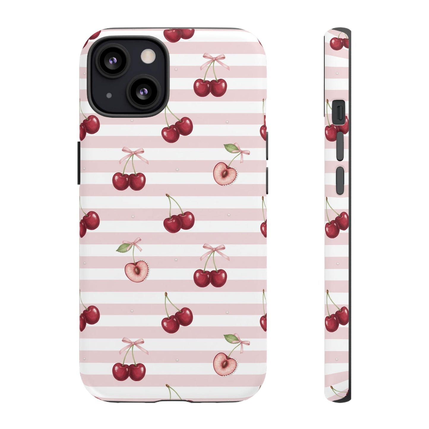 Pink Cherry Stripe Phone Case | Cute Coquette Aesthetic Protective Tough Case