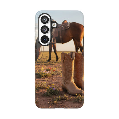 Western Cowboy Boots Phone Case – Rustic Horse Sunset Tough Case (iPhone, Samsung, Pixel)