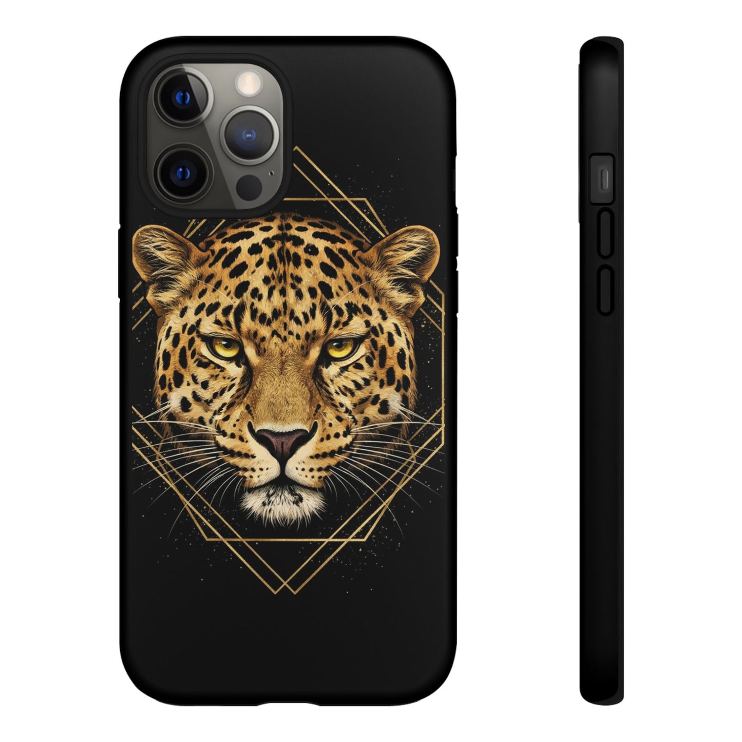 Leopard Head Geometric Phone Case – Black & Gold Luxe Tough Case