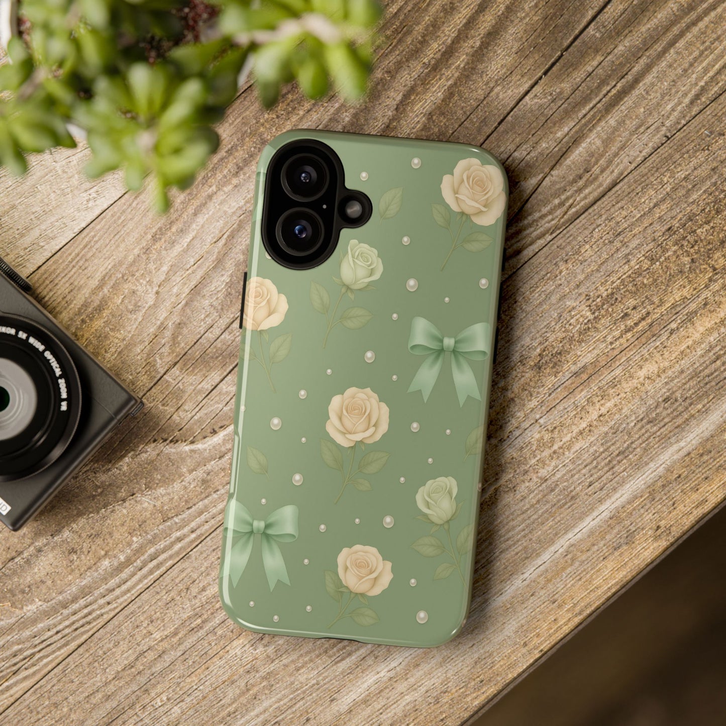 Vintage Rose Bow Phone Case – Sage Green Floral Coquette Aesthetic Tough Case (iPhone, Samsung, Pixel)