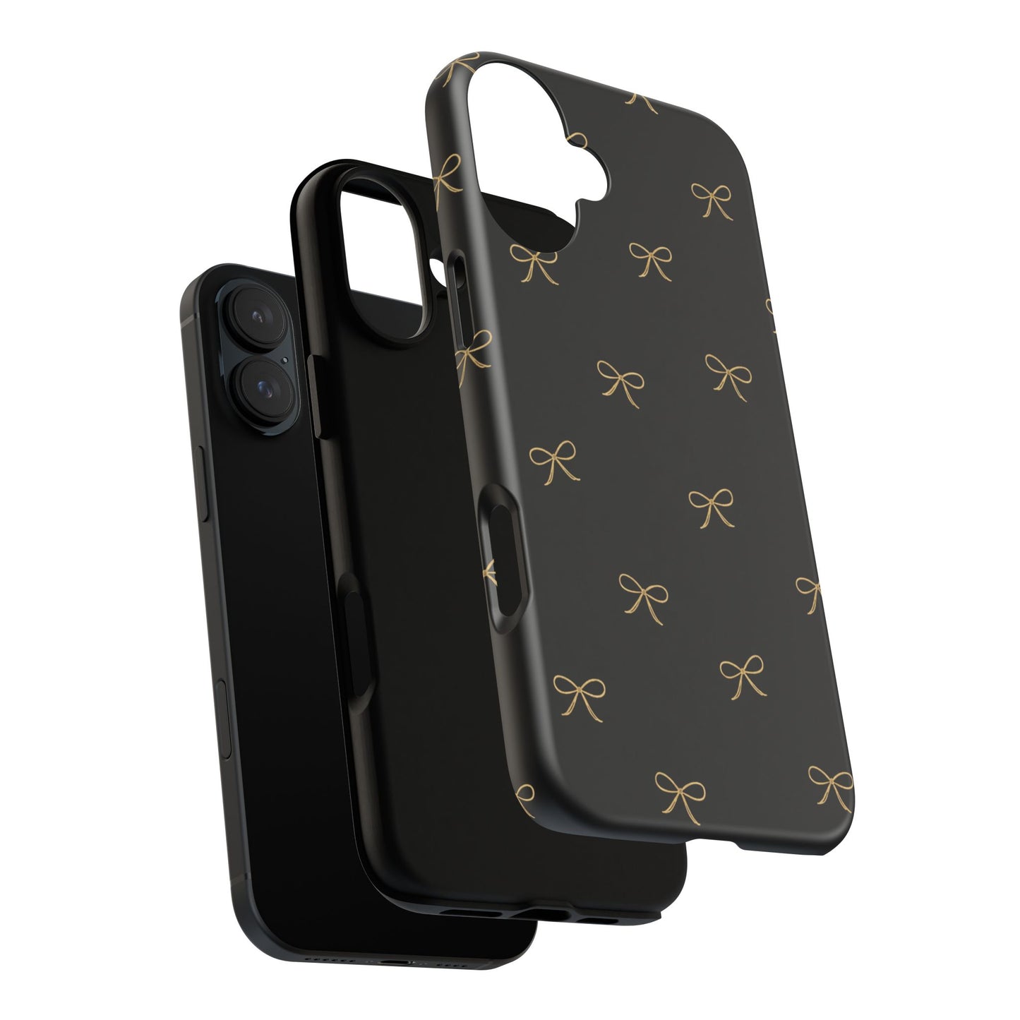 Black Phone Case with Gold Bow Pattern – Slim Protective Cute Aesthetic Cover for Iphone, Samsung Galaxy and Pixel
