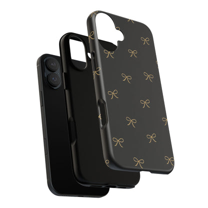 Black Phone Case with Gold Bow Pattern – Slim Protective Cute Aesthetic Cover for Iphone, Samsung Galaxy and Pixel