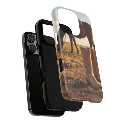 Western Cowboy Boots Phone Case – Rustic Horse Sunset Tough Case (iPhone, Samsung, Pixel)