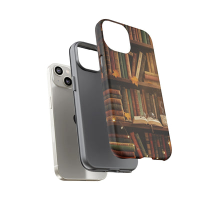 Cozy Vintage Bookshelf Phone Case, Library Aesthetic Book Stack, Autumn Coffee Vibes (iPhone, Samsung, Pixel)