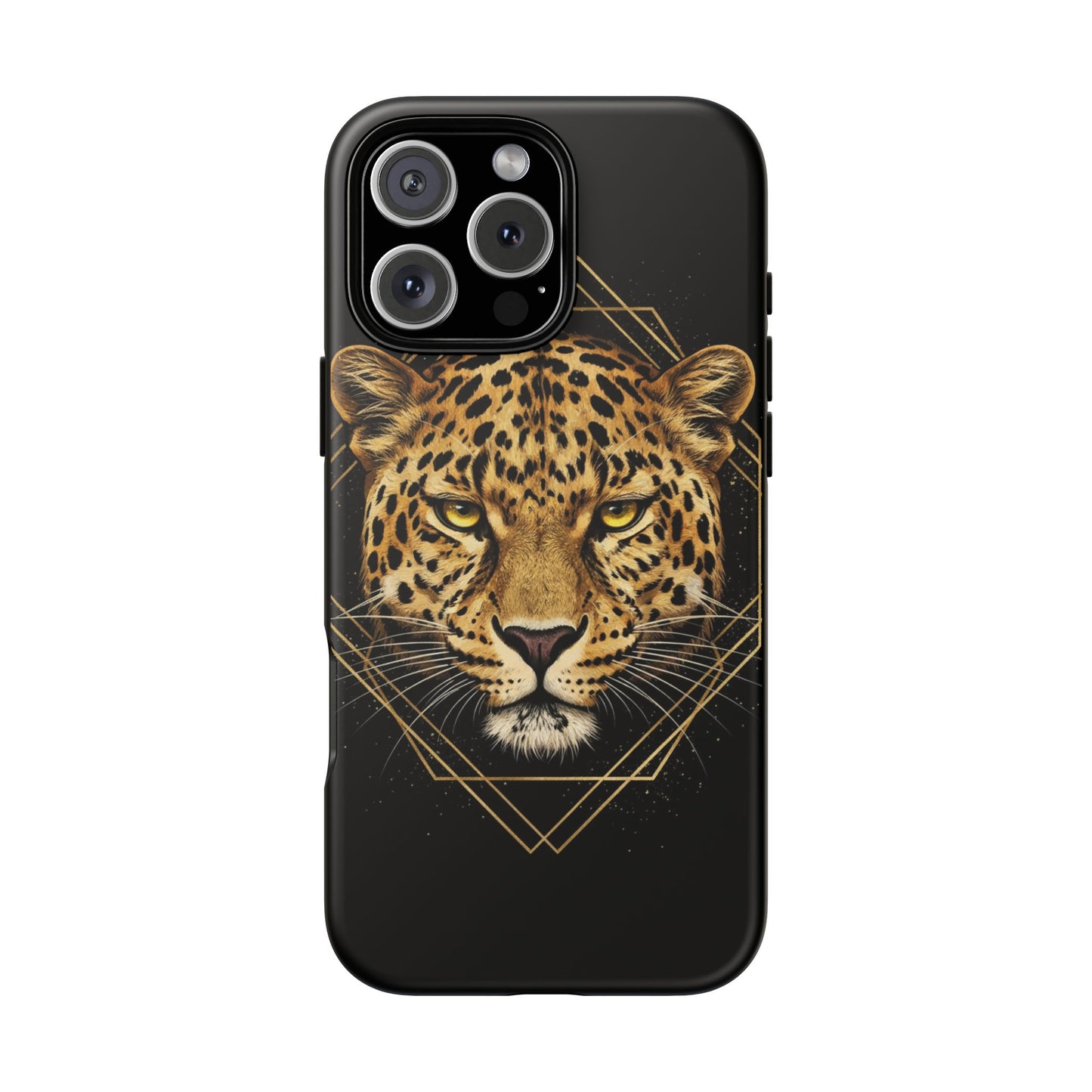 Leopard Head Geometric Phone Case – Black & Gold Luxe Tough Case