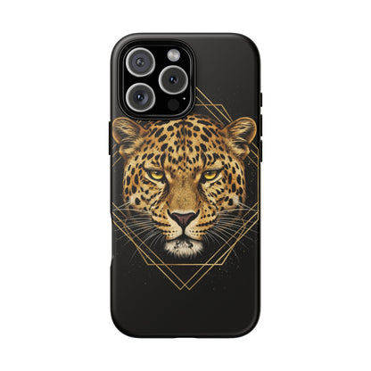 Leopard Head Geometric Phone Case – Black & Gold Luxe Tough Case