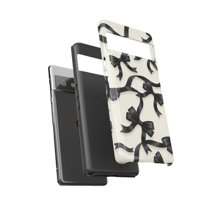 Black Ribbon Bow Phone Case, Minimal Bow Pattern Tough Protective Case