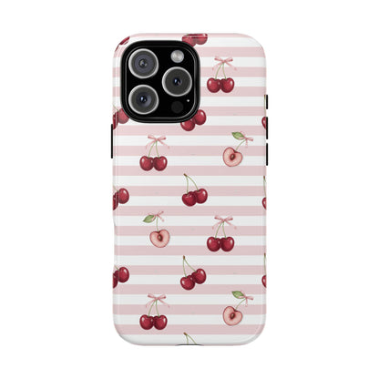 Pink Cherry Stripe Phone Case | Cute Coquette Aesthetic Protective Tough Case