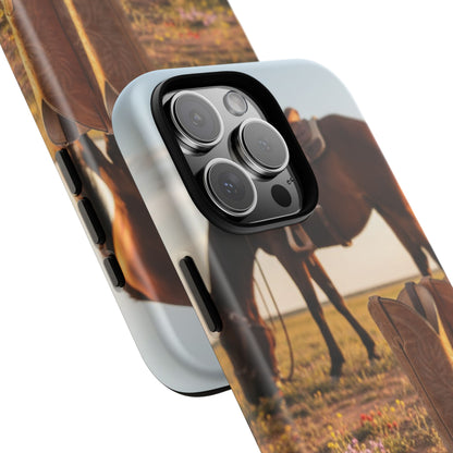 Western Cowboy Boots Phone Case – Rustic Horse Sunset Tough Case (iPhone, Samsung, Pixel)
