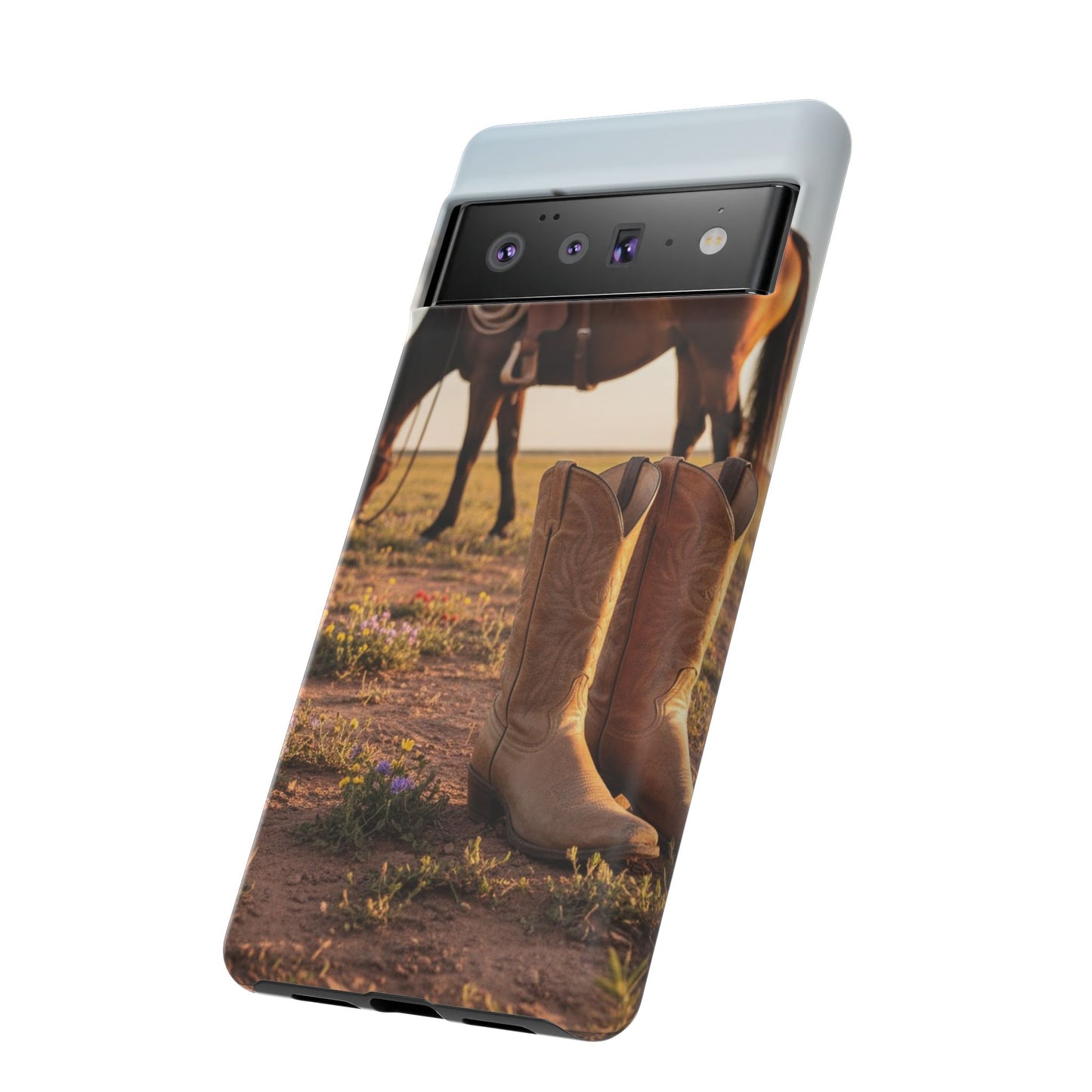 Western Cowboy Boots Phone Case – Rustic Horse Sunset Tough Case (iPhone, Samsung, Pixel)