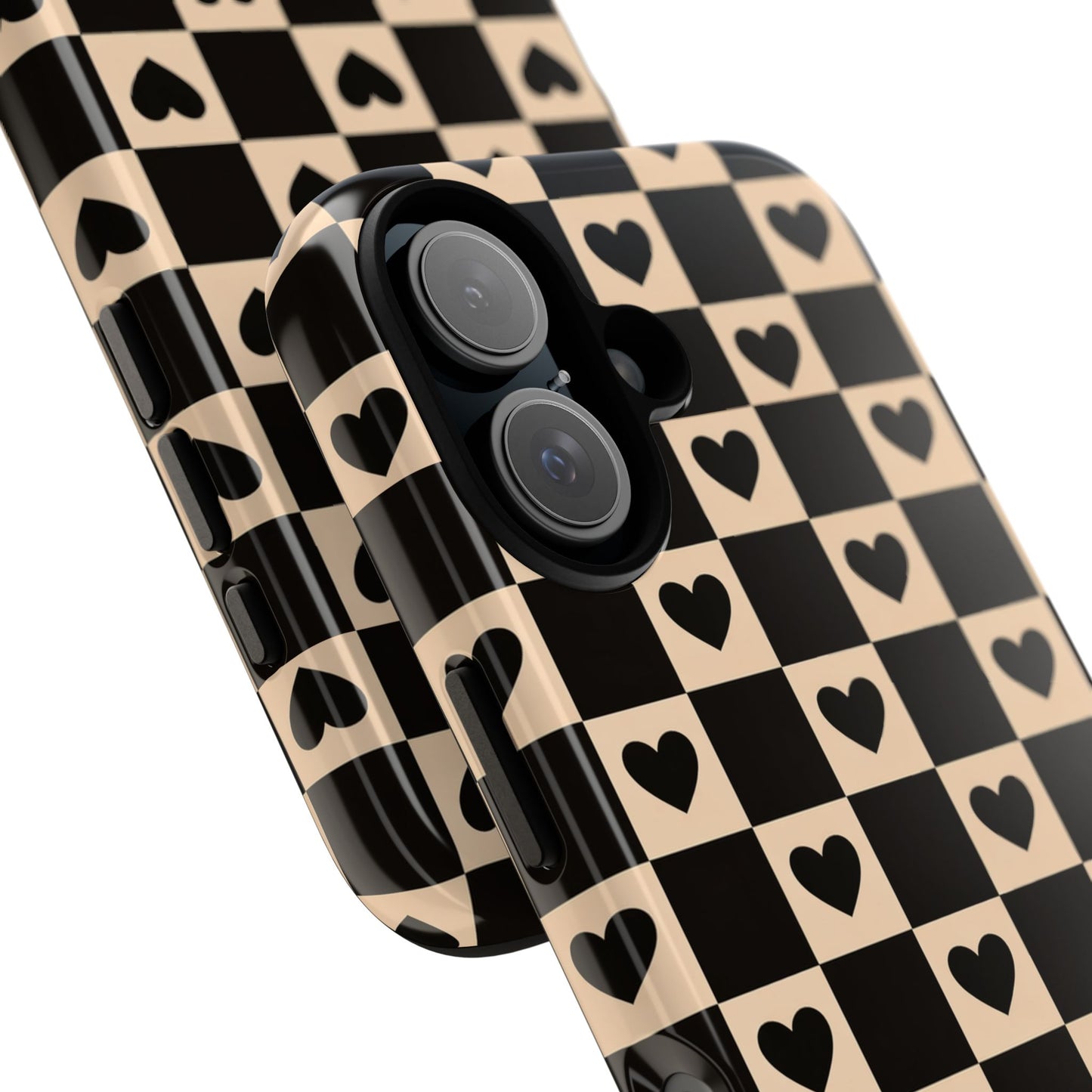 Checkerboard Heart Phone Case – Black & Beige Cute Aesthetic Protective Cover for Iphone, Samsung Galaxy and Pixel