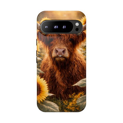 Highland Cow Sunflower Phone Case | Floral Farmhouse iPhone, Samsung Galaxy and Pixel Cover