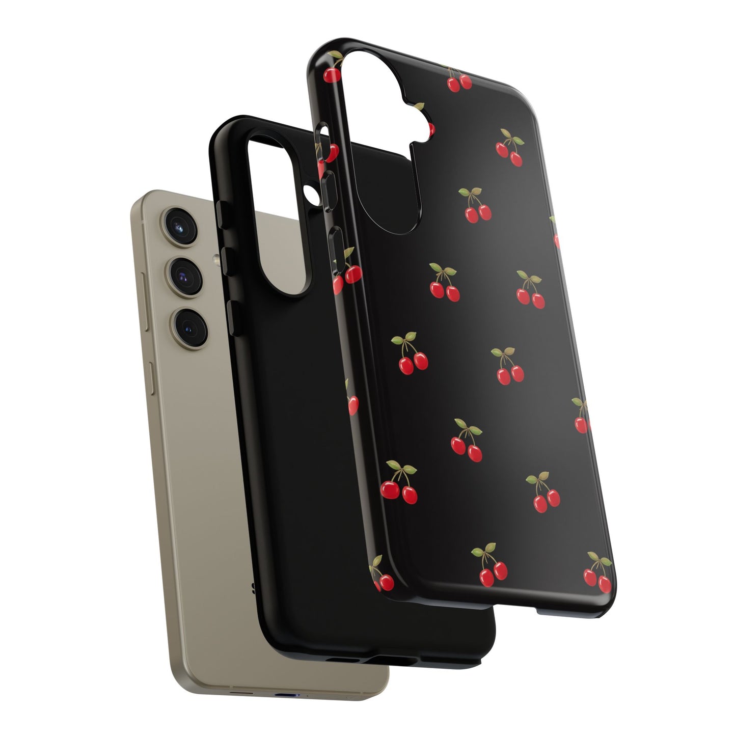 Cherry Pattern Phone Case — Slim Black Protective iPhone Case with Red Cherries for Iphone, Samsung Galaxy and Pixel