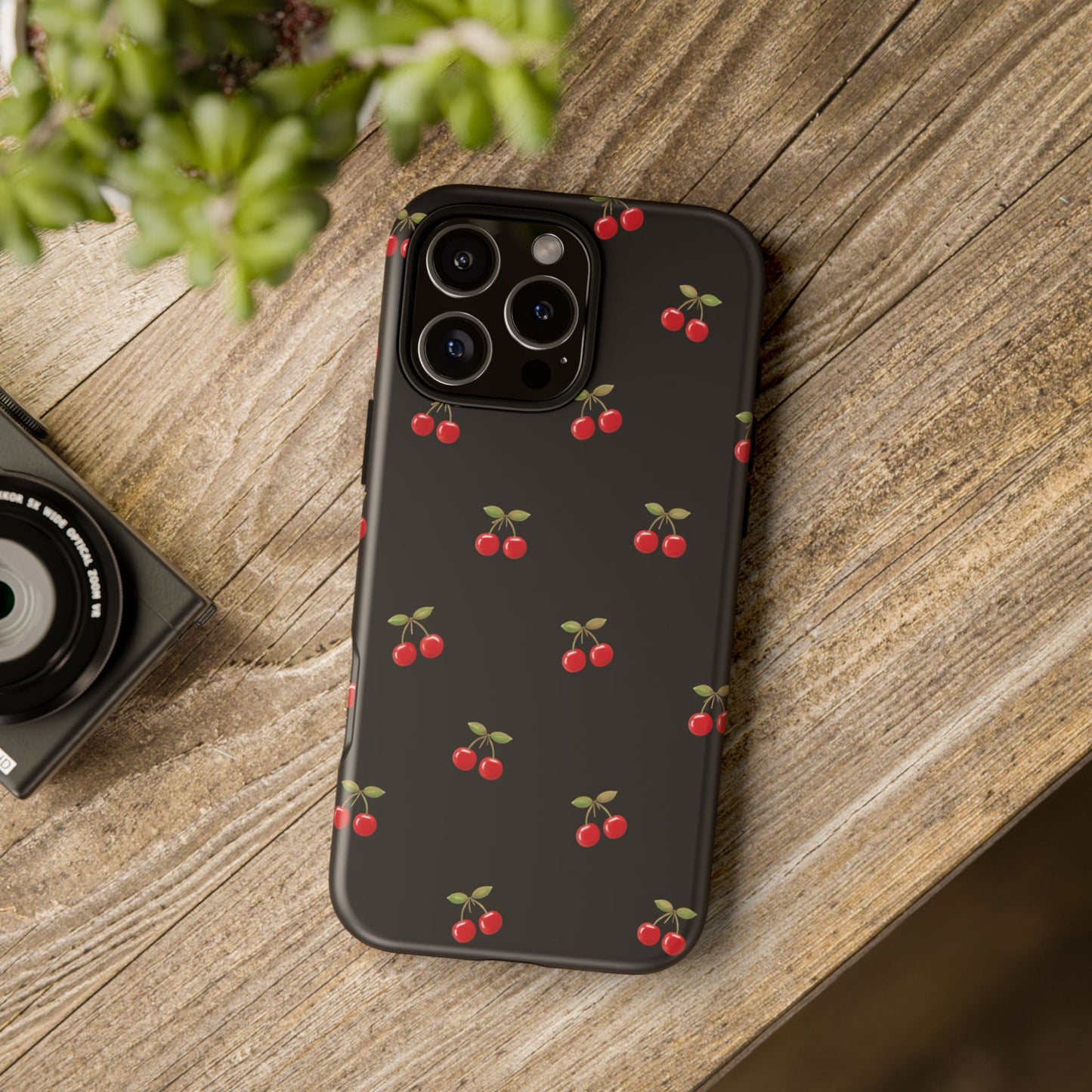 Cherry Pattern Phone Case — Slim Black Protective iPhone Case with Red Cherries for Iphone, Samsung Galaxy and Pixel