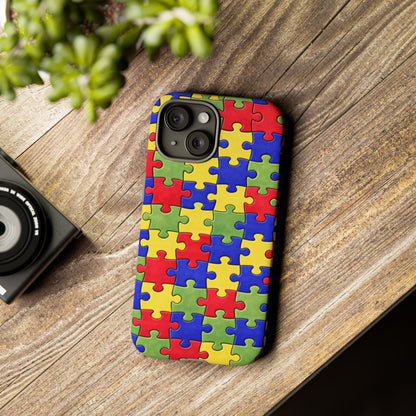 Colorful Puzzle Phone Case, Autism Awareness Jigsaw Design, Tough Protective Case, iPhone & Samsung Case, Vibrant Puzzle Pattern