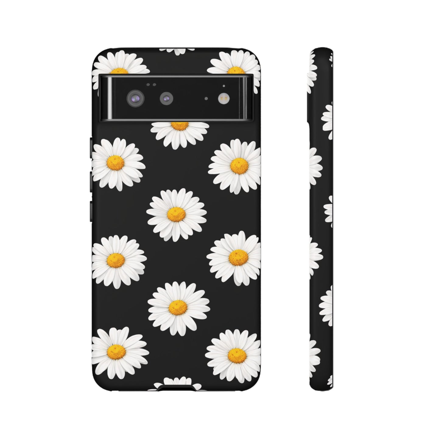 Black Daisy Floral Tough Phone Case – Cute Protective Cover for Iphone, Samsung Galaxy and Pixel