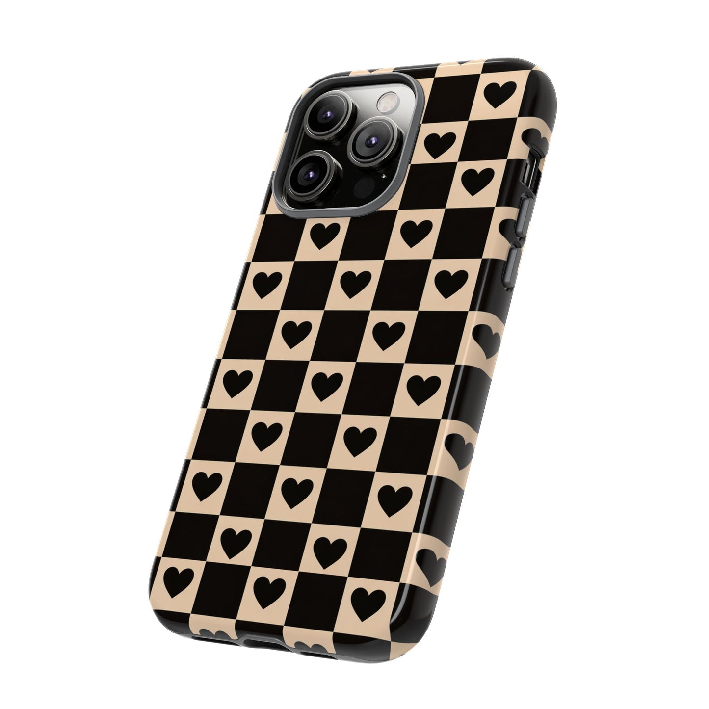 Checkerboard Heart Phone Case – Black & Beige Cute Aesthetic Protective Cover for Iphone, Samsung Galaxy and Pixel