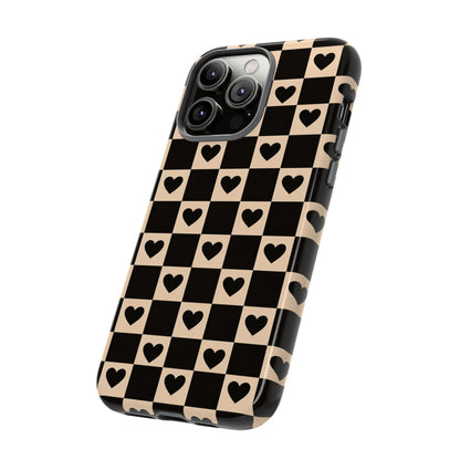 Checkerboard Heart Phone Case – Black & Beige Cute Aesthetic Protective Cover for Iphone, Samsung Galaxy and Pixel