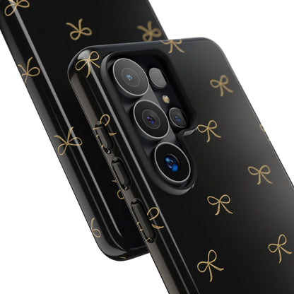 Black Phone Case with Gold Bow Pattern – Slim Protective Cute Aesthetic Cover for Iphone, Samsung Galaxy and Pixel